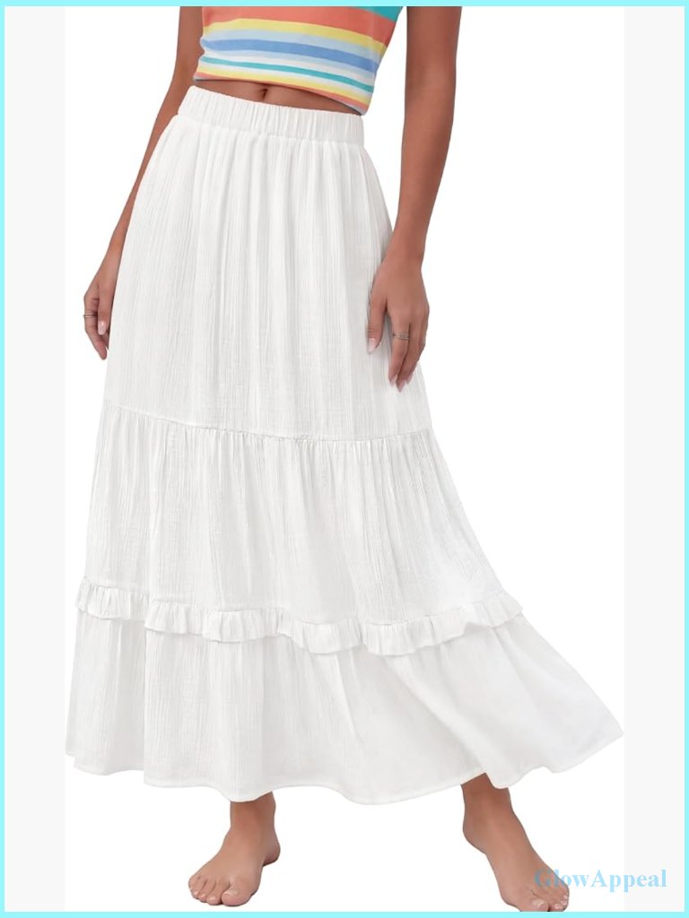 Elastic Waisted Ruffle Tiered A-Line Maxi Skirt Flowy Long